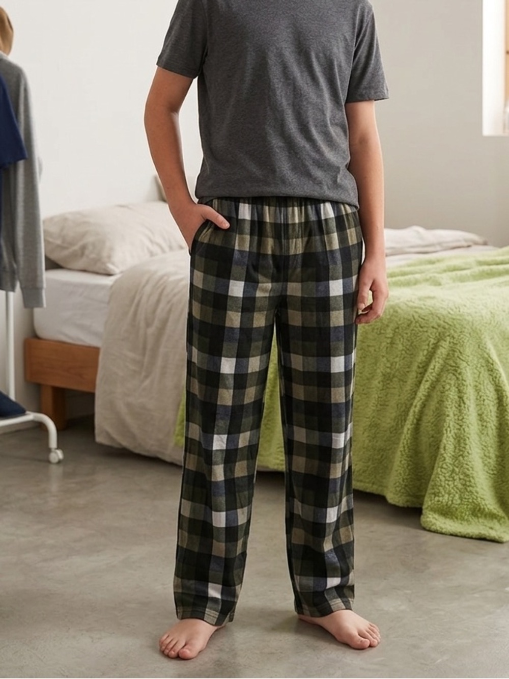 Faded Glory Boys Green and Gray Plaid Pajama Pants